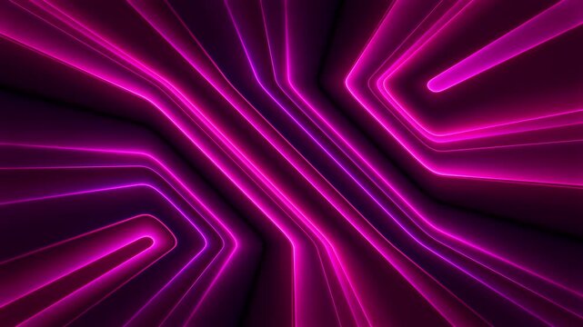 Neon magenta glowing lines move diagonally across dark background forming fluid abstract flow. Futuristic smooth curves shift like laser projections creating depth and motion. Seamless loop. 4K video