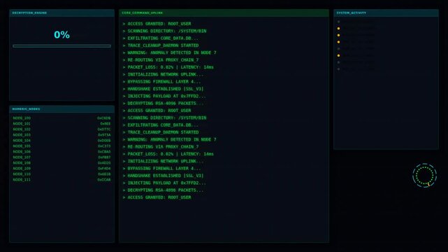 A digital interface displays data progress, lists of entries in green text, and a status bar
