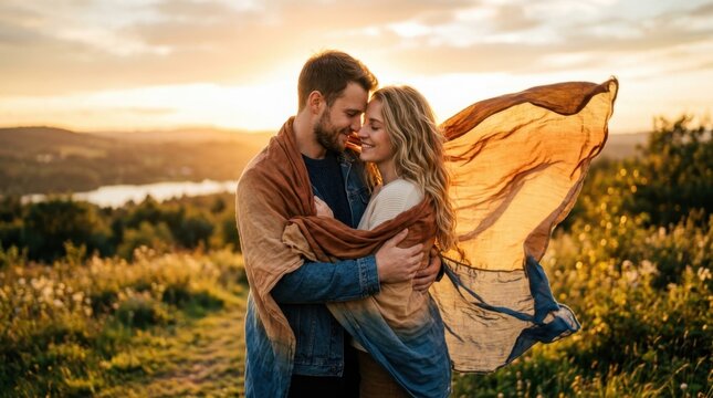 Young couple embraced outdoors, wrapped together in a flowing oversized flag fabric that billows gently in the wind, their silhouettes backlit by golden sunset light,