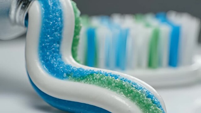 Closeup of Toothpaste Squeezed from Tube onto Toothbrush Bristles.