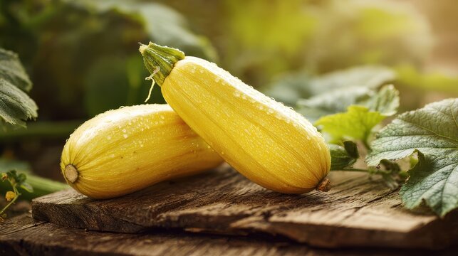 Two ripe yellow summer squash resting on a rustic wooden surface in a sunlit garden harvest scene