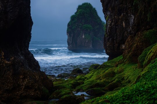 夕方、海岸沿いの岩に波が打ち寄せる