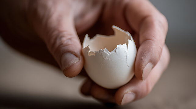 Human hand holds an empty, broken eggshell, close-up view against a soft, blurred background, highlighting natural tones and textures