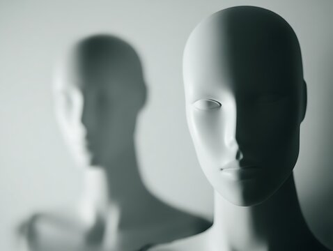 Two white bald mannequins, one sharp and one blurred, on a grey background, symbolizing social conformity, digital avatars, and the erasure of individual identity in the algorithmic age.