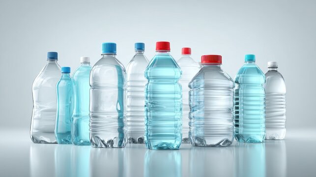 Studio product shot of translucent plastic bottles arranged in an arc with subtle reflections