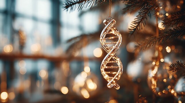 A glowing glass DNA helix ornament hangs on a Christmas tree branch with warm bokeh lights, blending science with festive tradition and symbolizing the gift of genetic discovery.