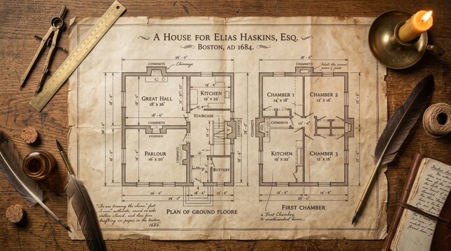Overhead view of colonial-era floor plan blueprint spread across a wooden drafting table, detailed architectural drawings with precise measurements and annotations in
