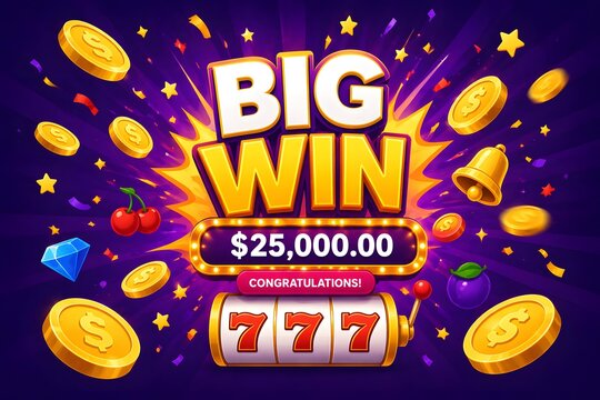 Big Win Casino Slot Machine with 777 Jackpot, Gold Coins Explosion and Celebration Banner