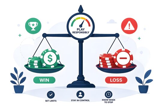 Responsible Gambling Concept with Balance Scale, Win Loss Comparison, Casino Chips and Risk Control Illustration