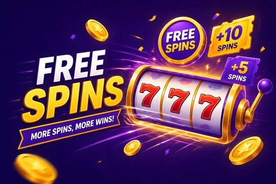 Casino Free Spins Banner with Slot Machine 777, Bonus Offers and Gold Coins on Purple Background