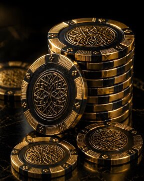 Luxury Ornate Gold and Black Casino Chips with Intricate Mandala Design