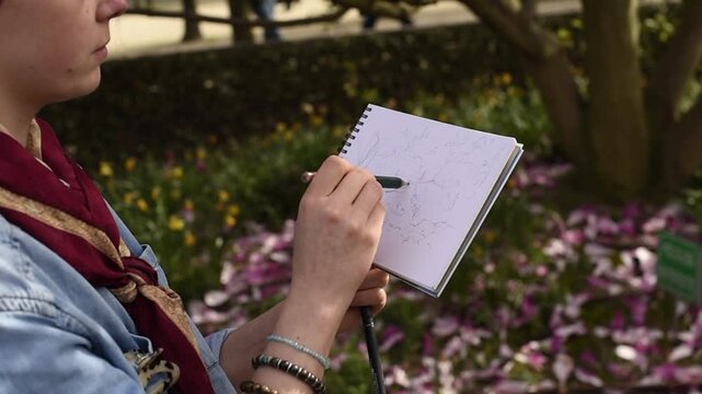 Close up of a person sketching magnolia trees in a notebook. A woman holds a pencil and draws on paper in an outdoor park setting.