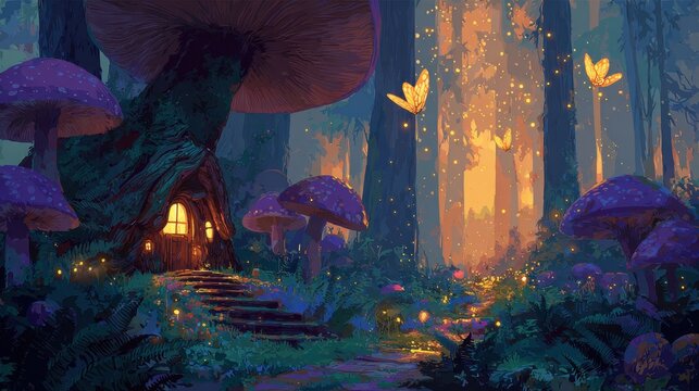 Whimsical woodland scene featuring luminous butterfly trails, mossy ground, and a magical tree-dwelling glow