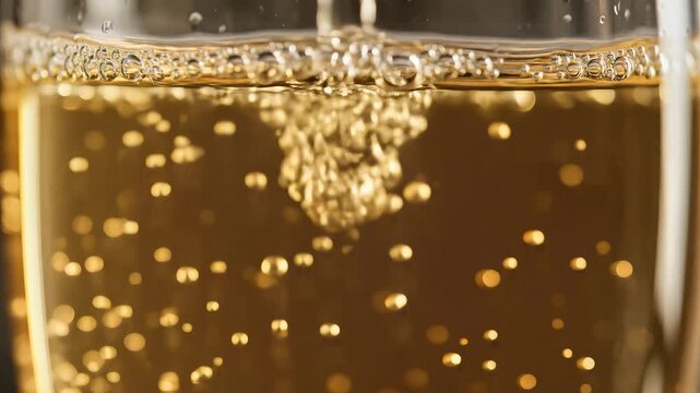 Close up of champagne bubbles rising in a glass.