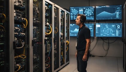 Fototapeta premium Focused Male Technician Monitors Server Racks in a Data Center, Ensuring Optimal Network Operation and System Reliability