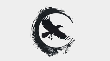 Obraz premium Silhouette of a raven in flight within a brushstroke circle design