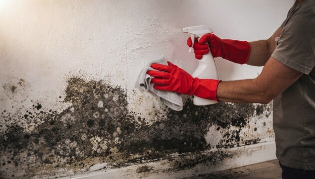 Person in red gloves spray chemical and wipe black mold from a white wall, showcasing house cleaning process and fungal removal remediation