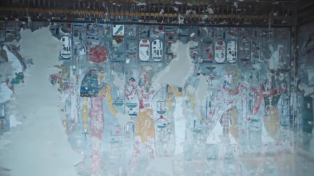 Interior view of the famous Seti the first tomb that is decorated with gods figures and hieroglyphs in the valley of Kings in Luxor in Egypt