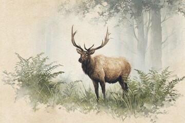 Fototapeta premium Watercolor illustration of a majestic bull elk with expansive antlers in a forest clearing