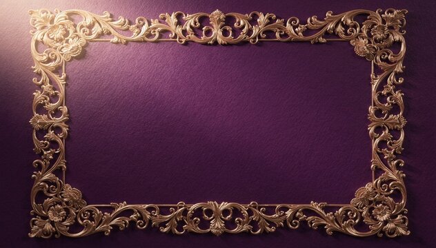 Elegant ornate gold frame with intricate baroque scrolls and foliage, border on a textured deep purple background with soft light highlight, luxury design element
