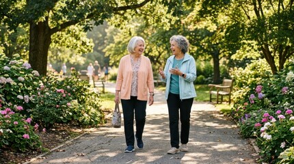 Fototapeta premium Two senior women walking side by side on a tree-lined park path in bright morning sunlight, one wearing a soft pastel cardigan and the other in a light jacket, both