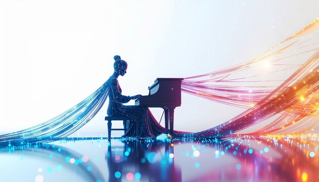 Silhouette cr&eacute;ative d'une femme jouant du piano avec des flux de fibres optiques color&eacute;es