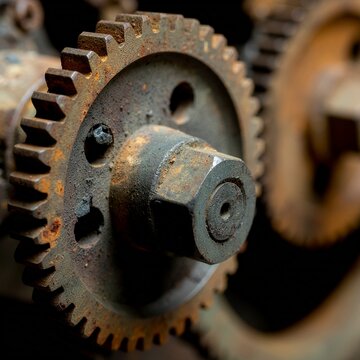 Gros plan d&eacute;taill&eacute; sur de vieux engrenages industriels rouill&eacute;s et us&eacute;s
