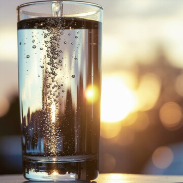 Verre d'eau gazeuse avec bulles au coucher du soleil en plein air