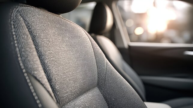 Photographic detail of front cloth seat texture, weave pattern and seams in a neutral car cabin