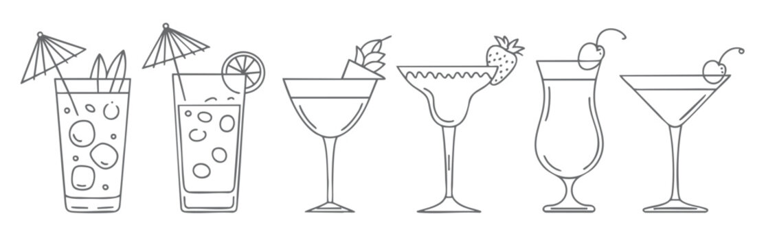 Drink illustrations in clean outline style, cocktail and beverage glass collection.