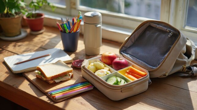 School backpack with lunchbox on a table, colorful and tasty meals ready for a school day
