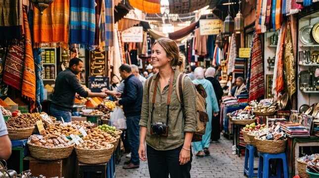 Solo female traveler standing in a bustling foreign market surrounded by colorful vendor stalls, street food baskets, and hanging textiles, camera hanging from neck,