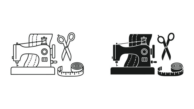Black and white illustration of sewing machines with tools on white background