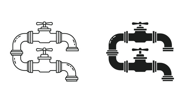 Black and white line art and solid black pipe fitting icons with valves on a white background