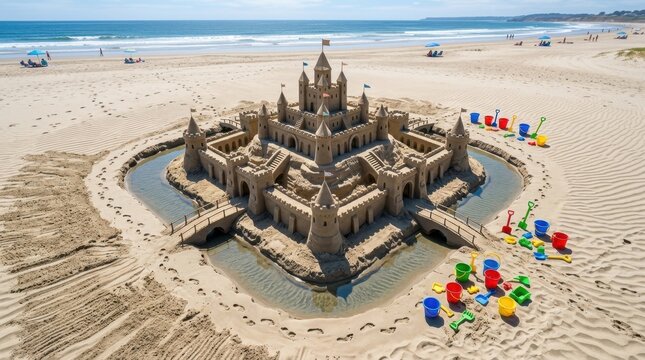 Overhead aerial view of an intricate sandcastle fortress with detailed architectural features, symmetrical moats and bridges, colorful buckets and shovels arranged nearby