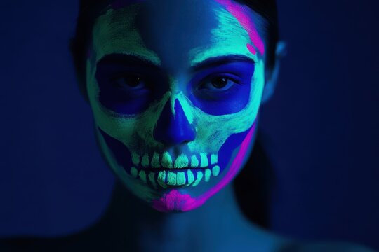 Portrait of a young woman with UV-reactive skull makeup under blacklight