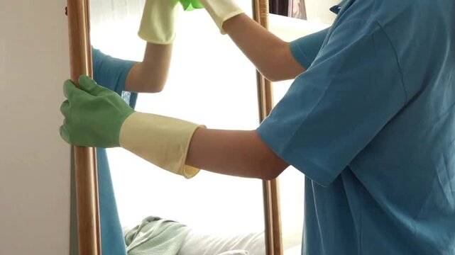 Professional Female Cleaner Wiping and Polishing a Glass Mirror with Microfiber Cloth and Detergent Spray in a Modern Bathroom Interior Providing Deep Cleaning Service and Hygiene Maintenance in 4k