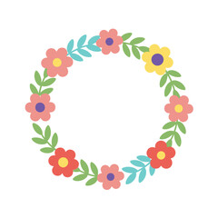 Fototapeta premium Hand-drawn floral wreath with colorful flowers and green leaves, isolated on white.