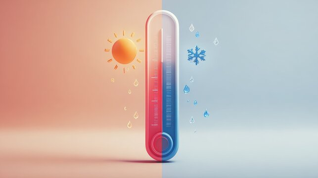 Thermometer Split Illustration: Hot and Cold Weather Concept with Sun and Snowflake