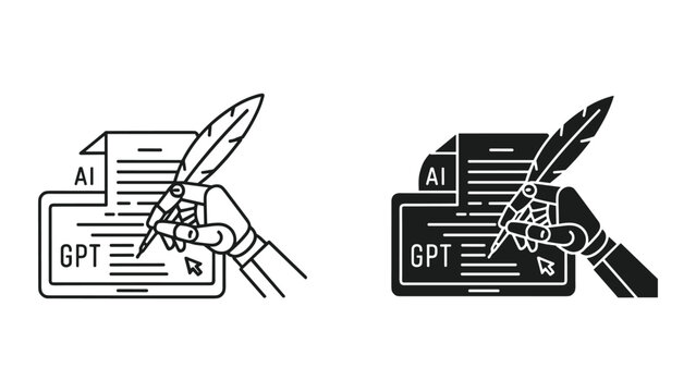 Black and white illustrations of a hand holding a quill pen writing on a document with ai and gpt text on a computer screen