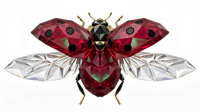 深紅のルビーと隠れたエメラルドの光を宿す、幾何学的な宝石のてんとう虫、白背景/
Gem-like Polygon Ladybug with Symmetrical Minimal Design on White Background