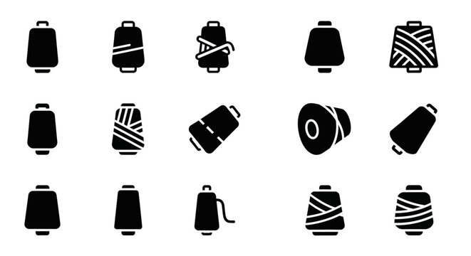 Black thread spool icons, sewing thread set, vector thread bobbins, embroidery supplies collection