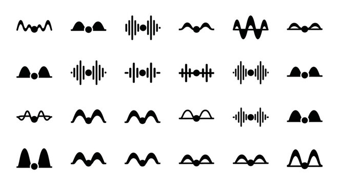 Sound wave icons, audio signal symbols, black vector graphics, 25 waveform elements