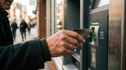 Obraz premium Close-up of weathered hands inserting a bank card into a modern ATM slot, fingers positioned precisely at the card reader, soft overhead lighting catching the texture of