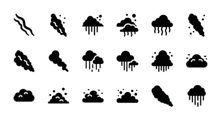 Fototapeta premium Weather icons, storm clouds, rain, snow, wind symbols, black vector graphics, 20 weather signs