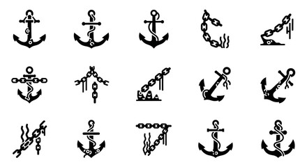 Nautical anchor icons, black vector graphics, maritime symbols, 16 illustration set © Seth