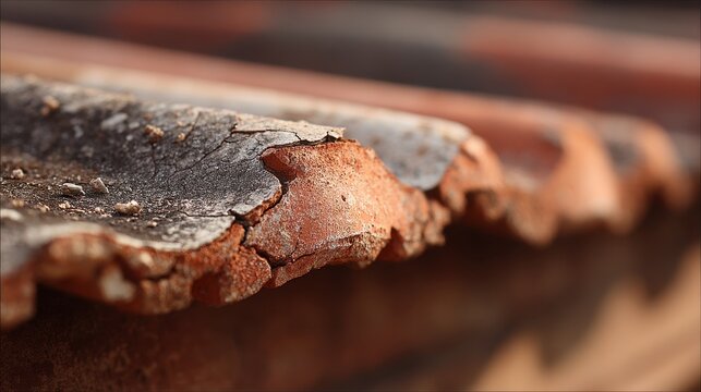 Macro shot of damaged clay roof tile showing rough surface and debris