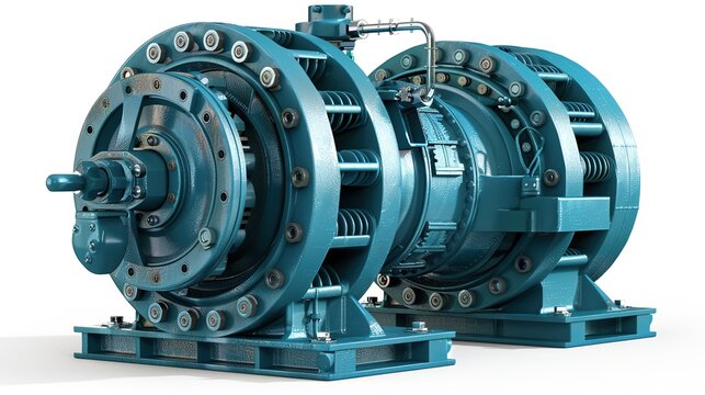 Industrial Turbine Assembly: Blue Gear Unit with Metal Bolts and Cables
