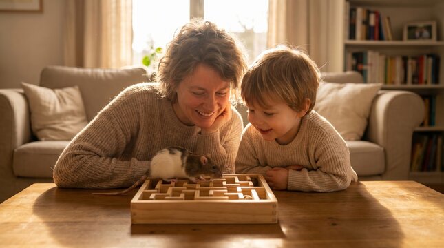 Woman and child engaged in play with a pet rat on a wooden maze game at a cozy home setting with natural light and comfortable furniture in the background