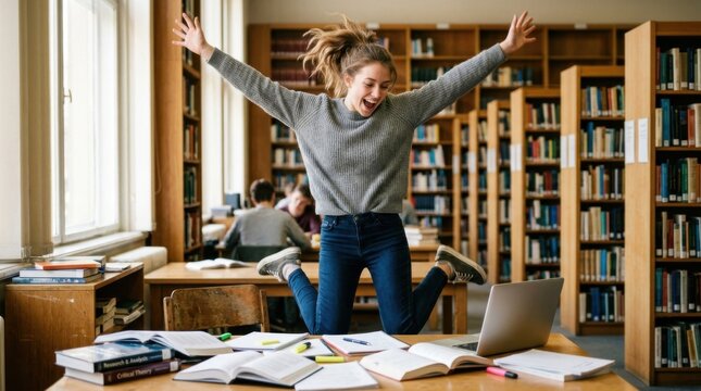 Student at library desk suddenly jumping up with arms stretched wide, surrounded by open books and research materials, excited expression of breakthrough discovery,